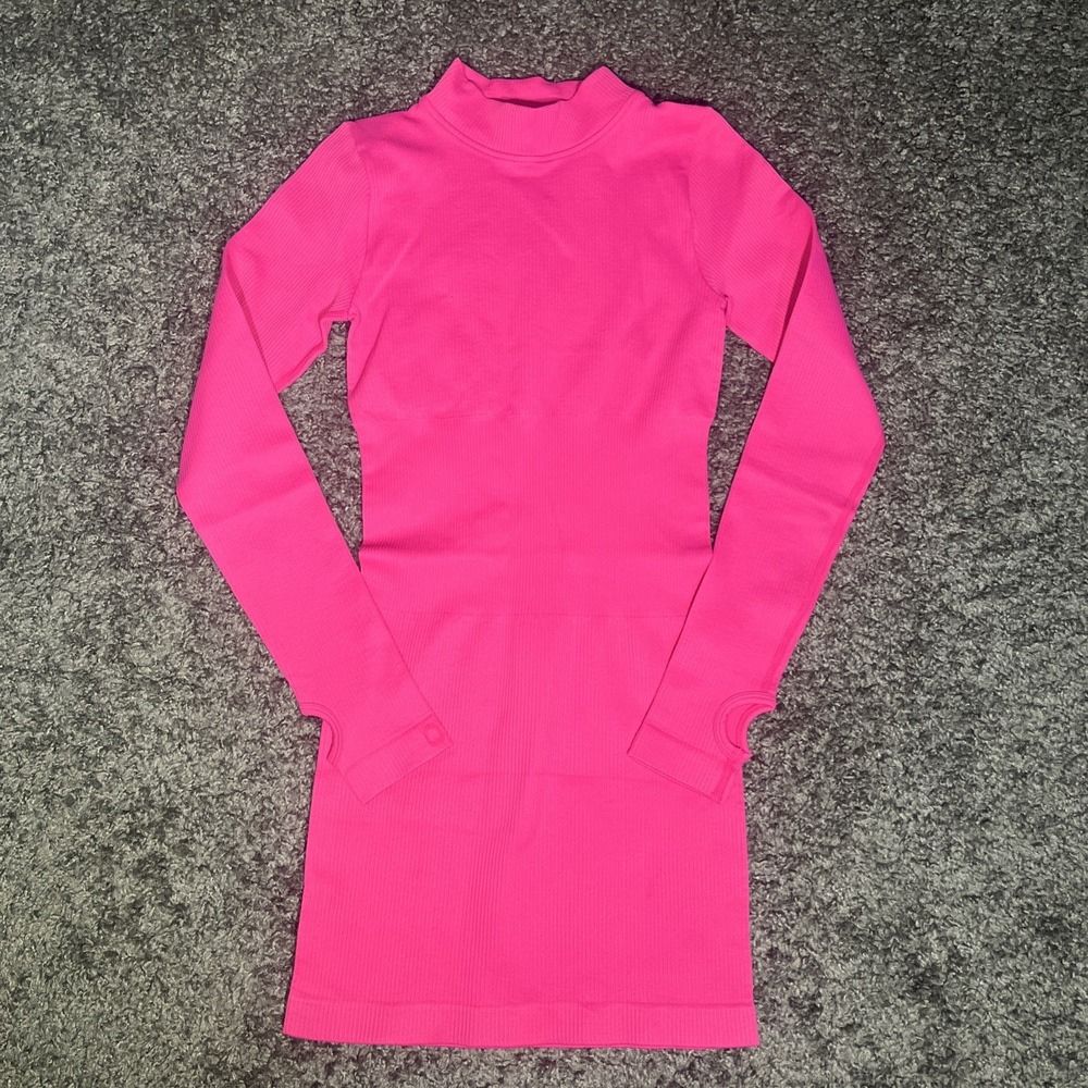 Hot Pink Oqq Tummy Control Long‎ Sleeve Dress Thumb Holes Mock Turtleneck Small